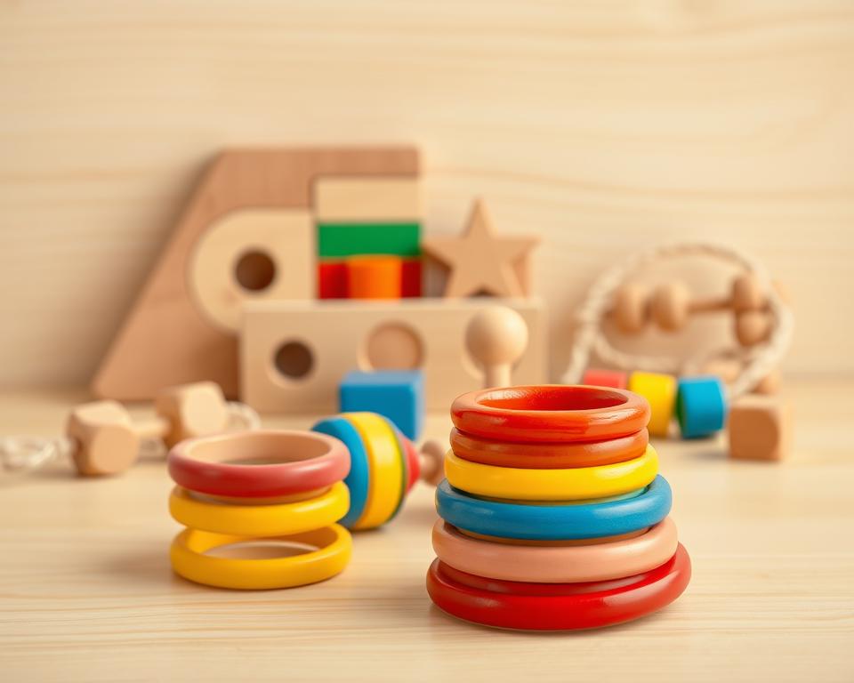 A beautiful, well-lit still life composition of Montessori-inspired wooden toys for children. In the foreground, a set of colorful stacking rings in vibrant reds, yellows, and blues arranged in a cascade. In the middle ground, a set of wooden geometric shapes in various primary colors, a puzzle with knobbed pieces, and a set of wooden beads on a lacing string. In the background, a neutral, slightly textured wooden surface, perhaps a table or shelf, creating a warm, minimalist setting. The lighting is soft and diffused, accentuating the natural wood tones and highlighting the toys' tactile, inviting qualities. Captured with a high-quality DSLR camera and a macro lens, creating a crisp, detailed, and visually appealing image. A beautiful, well-lit still life composition of Montessori-inspired wooden toys for children. In the foreground, a set of colorful stacking rings in vibrant reds, yellows, and blues arranged in a cascade. In the middle ground, a set of wooden geometric shapes in various primary colors, a puzzle with knobbed pieces, and a set of wooden beads on a lacing string. In the background, a neutral, slightly textured wooden surface, perhaps a table or shelf, creating a warm, minimalist setting. The lighting is soft and diffused, accentuating the natural wood tones and highlighting the toys' tactile, inviting qualities. Captured with a high-quality DSLR camera and a macro lens, creating a crisp, detailed, and visually appealing image.