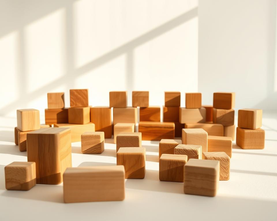 A bright, airy studio setting showcases an array of textured wooden blocks in various shapes and hues. The blocks are arranged in a visually appealing, asymmetrical composition, casting gentle shadows on a clean, white backdrop. Warm, natural lighting from a large window bathes the scene, highlighting the tactile surfaces and warm tones of the wood. A Canon EOS R5 camera with a 50mm f/1.4 lens captures the image, creating a shallow depth of field that draws the viewer's eye to the captivating details of the blocks. This curated selection of high-quality, imaginative wooden toys invites toddlers to explore, create, and learn through tactile play.