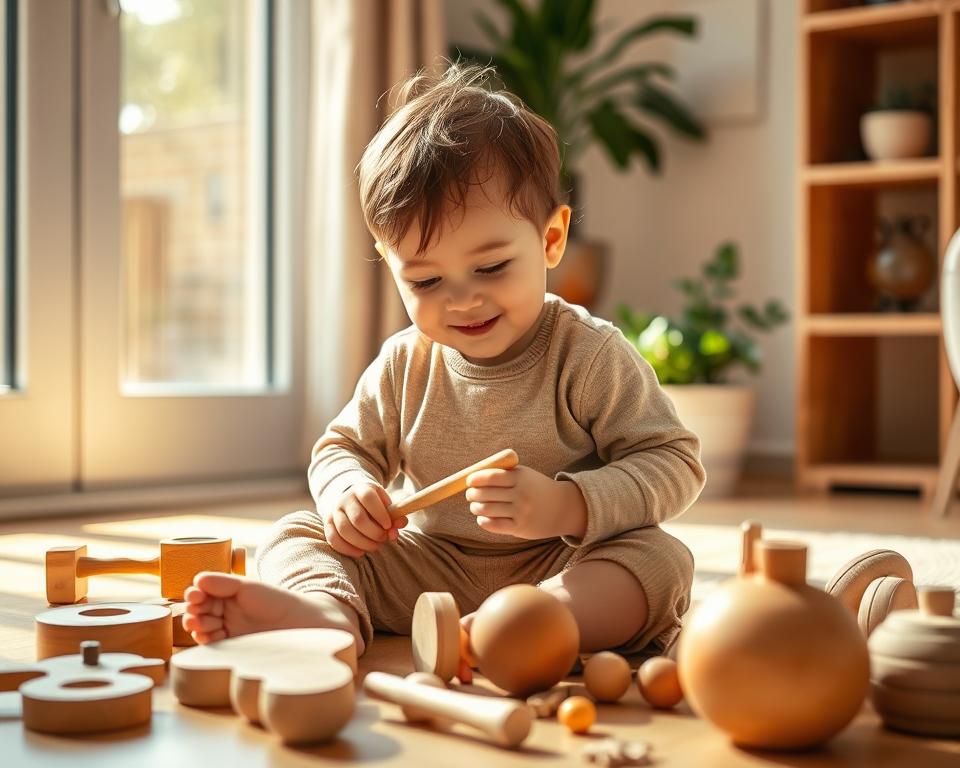 A child sitting on the floor, engrossed in playing with a variety of wooden musical instruments and toys. Vibrant natural lighting filters through the window, casting a warm glow on the scene. The child's expression is one of pure joy and concentration as they explore the textures, shapes, and sounds of the toys. In the background, a minimalist wooden bookshelf and a few plants add to the cozy, natural ambiance. Captured with a Canon EOS R5 camera and a 50mm f/1.4 lens, the image conveys the importance of tactile, sensory-rich play for child development. A child sitting on the floor, engrossed in playing with a variety of wooden musical instruments and toys. Vibrant natural lighting filters through the window, casting a warm glow on the scene. The child's expression is one of pure joy and concentration as they explore the textures, shapes, and sounds of the toys. In the background, a minimalist wooden bookshelf and a few plants add to the cozy, natural ambiance. Captured with a Canon EOS R5 camera and a 50mm f/1.4 lens, the image conveys the importance of tactile, sensory-rich play for child development.