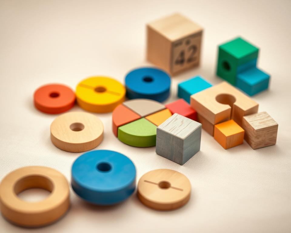 A closeup shot of a collection of high-quality, natural wooden math manipulatives, including colorful circles, rectangles, and cubes, arranged in a neatly organized manner on a soft, neutral-toned background. The lighting is warm and even, creating a sense of comfort and reliability. The image is captured with a Canon EOS R5 camera and a 24-70mm f/2.8 L lens, providing a shallow depth of field that focuses the viewer's attention on the tactile, well-crafted educational tools. The overall mood is one of safety, quality, and trust, conveying the idea of a reliable, time-tested approach to mastering fractions.