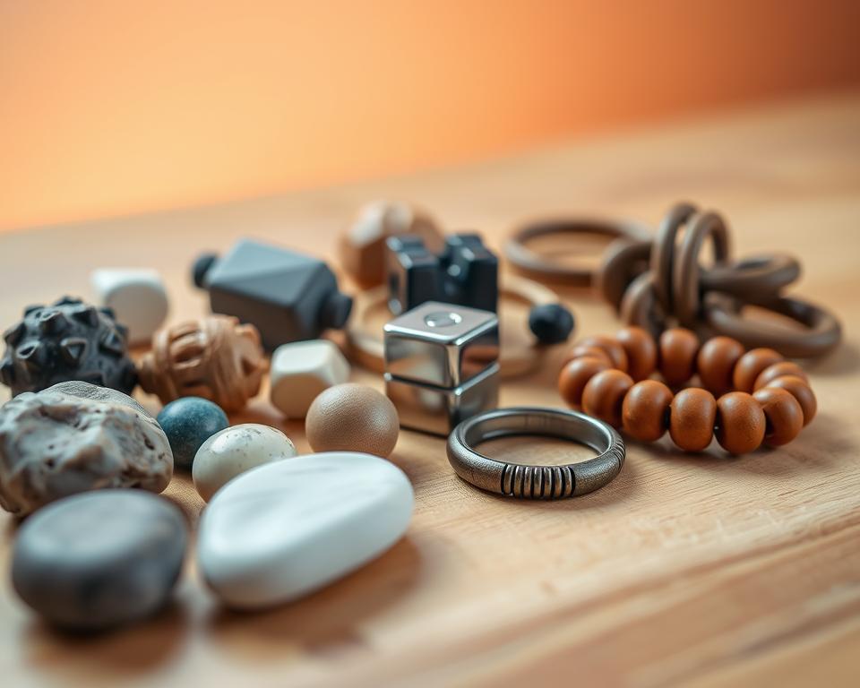A collection of tactile, handheld fidget toys arranged on a natural wood surface, illuminated by warm, diffused lighting. The foreground features a variety of textures and shapes, including silky smooth worry stones, knobby wooden beads, and soothing sensory rings. In the middle ground, a compact magnetic cube and a flexible stretchy band coil invite interaction. The background subtly suggests a calming, minimalist environment, allowing the toys to be the focal point. Captured with a shallow depth of field using a 50mm lens, creating a gentle, intimate feel that invites the viewer to pick up and explore the sensory objects.