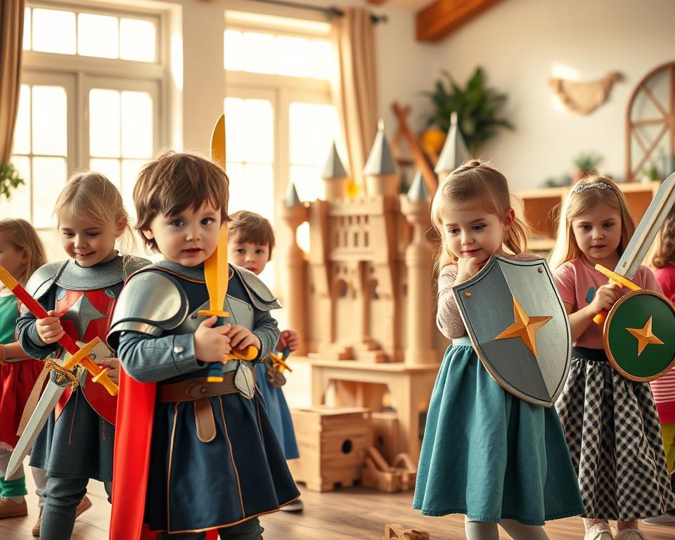 A cozy room filled with imaginative children engaged in playful role-playing. In the foreground, a group of kids dressed as knights and princesses, wielding colorful wooden swords and shields, their faces alight with wonder. In the middle ground, a child builds an elaborate castle from wooden blocks, their concentration etched on their features. The background softly illuminated by warm, natural light streaming through large windows, creating a serene and inviting atmosphere. The scene captures the benefits of role-playing games for children's social, cognitive, and emotional development, fostering creativity, problem-solving, and collaborative skills.