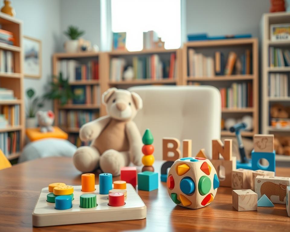 A cozy, well-lit home study with a variety of engaging developmental therapy toys for a child. In the foreground, a Montessori-style wooden puzzle, brightly colored building blocks, and a sensory fidget cube sit on a wooden table. In the middle ground, a plush stuffed animal with various textures, a shape-sorting toy, and a set of wooden alphabet blocks. The background features a bookshelf filled with educational books and a large window that bathes the room in warm, natural light. The overall scene conveys a calm, nurturing environment conducive to a child's learning and growth.