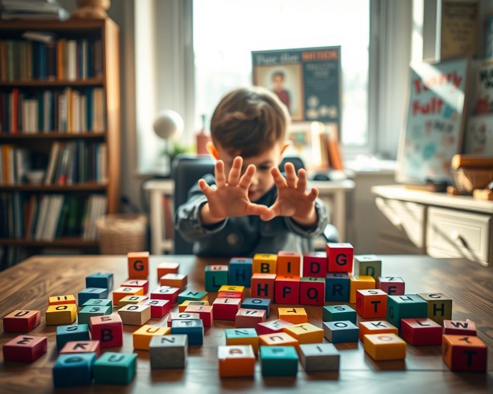 A cozy, well-lit home study with a wooden table in the foreground, adorned with an assortment of colorful alphabet blocks. The blocks are arranged in playful patterns, inviting the viewer to explore and interact. Soft, natural light filters in through large windows, casting a warm glow on the scene. In the middle ground, a child's hands reach out, gently manipulating the blocks, their face obscured but their concentration evident. In the background, bookshelves and educational posters create a scholarly atmosphere, hinting at the educational potential of these versatile toys. The overall mood is one of curiosity, learning, and the joyful exploration of the building blocks of language.
