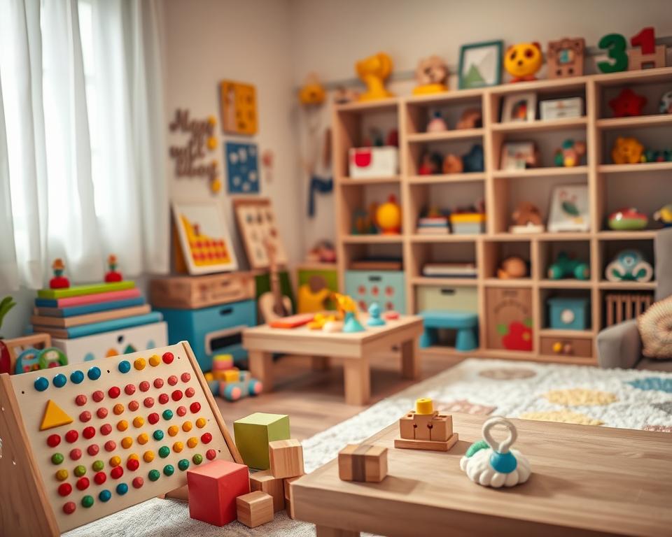 A cozy, well-lit playroom filled with an array of colorful therapy toys for a child. Soft lighting casts a warm glow, illuminating a diverse collection of toys designed to stimulate cognitive, motor, and sensory development. In the foreground, a wooden pegboard with vibrant geometric shapes and a set of sturdy building blocks invite hands-on exploration. In the middle ground, a plush sensory mat with various textures and a squishy fidget toy sit atop a low wooden table. Further back, shelves display a range of interactive puzzles, musical instruments, and communication aids, all tailored to engage a child's senses and support their therapeutic needs. The overall atmosphere is inviting, encouraging play and learning within a nurturing, supportive environment.