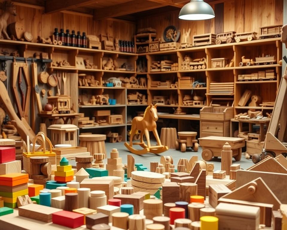 A cozy, well-lit wooden workshop filled with a variety of handcrafted toys. In the foreground, a collection of brightly colored wooden blocks, puzzles, and building sets invite playful exploration. Towards the middle, a child-sized rocking horse and a set of wooden trains capture the imagination. In the background, shelves brimming with more wooden treasures, each meticulously carved and finished, create a sense of warmth and creativity. Soft, diffused lighting casts a gentle glow, highlighting the natural grain and textures of the wood. The scene evokes a sense of timelessness, where the simple joys of childhood are celebrated through the enduring appeal of wooden toys.
