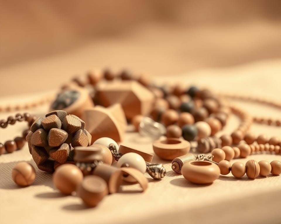 A delicate arrangement of wooden fidget toys and beaded jewelry, captured in soft natural light. In the foreground, a collection of smooth, tactile charms and pendants in soothing earth tones, inviting touch and sensory exploration. In the middle ground, a mix of geometric shapes and organic patterns, creating a visually balanced and aesthetically pleasing composition. The background features a warm, neutral backdrop, allowing the fidget jewelry to take center stage. Captured with a high-resolution camera and a shallow depth of field, the image conveys a sense of tranquility and mindfulness, perfectly suited to illustrate the concept of "Fidget Jewelry: Discreet Anxiety Relief".