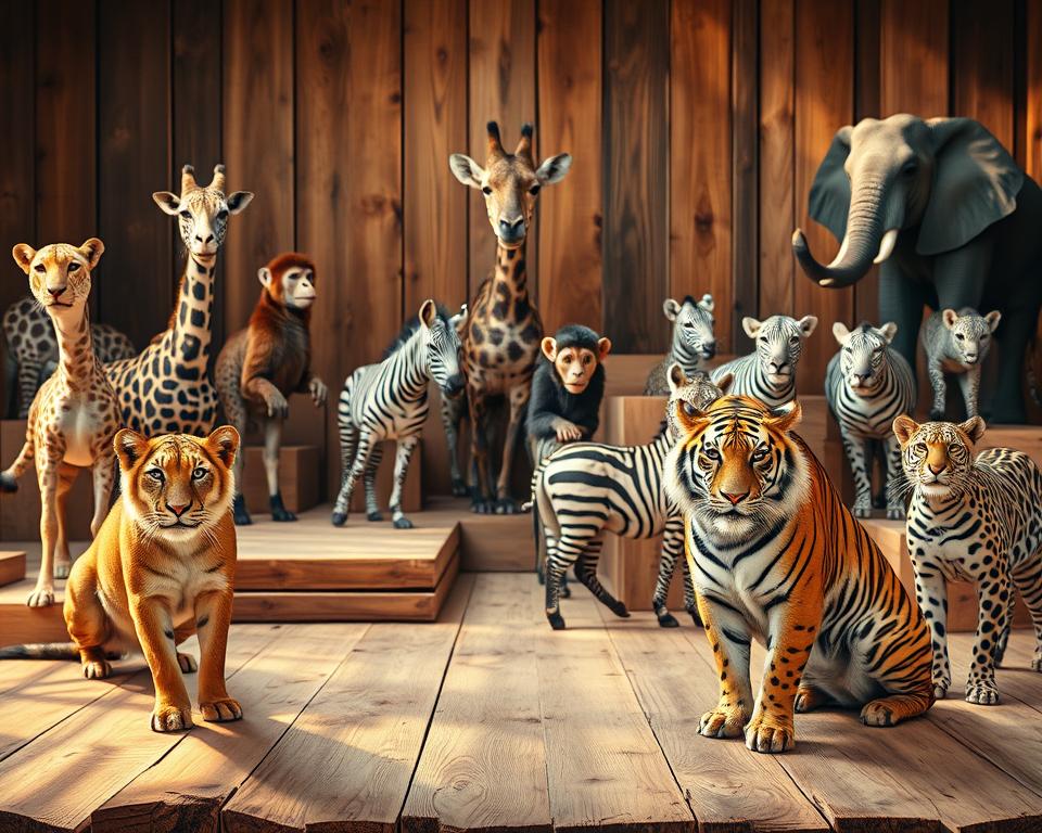 A variety of animals posed naturally on wooden sets, bathed in warm, natural lighting. In the foreground, a curious lion, a playful cheetah, and a majestic tiger, their eyes keen and alert. In the middle ground, a graceful giraffe, a mischievous monkey, and a pair of zebras, their stripes casting interesting shadows. In the background, a serene elephant, a flock of colorful birds, and a sleek leopard, all captured with a shallow depth of field using a 50mm lens for a cinematic feel. The animals' expressions and poses convey a sense of wonder and exploration, as if they are discovering their unique wooden stage for the first time.