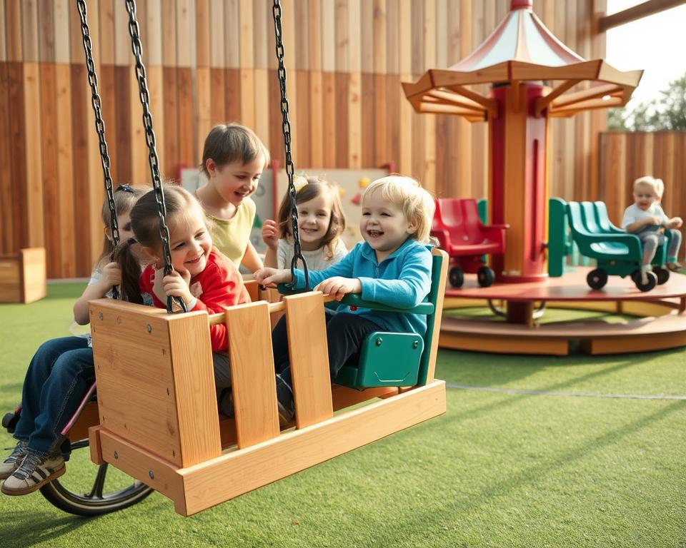 A vibrant, inclusive playground with an array of accessible equipment designed for children of all abilities. In the foreground, a group of children play on a custom-built wooden wheelchair swing, their laughter and joy captured by a wide-angle lens. In the middle ground, a multi-sensory play structure with tactile panels, chimes, and a gently sloping ramp invites exploration. The background features a playful merry-go-round with supportive seats, all set against a warm, natural-toned wooden backdrop and bathed in soft, diffused sunlight for a welcoming, autism-friendly atmosphere.