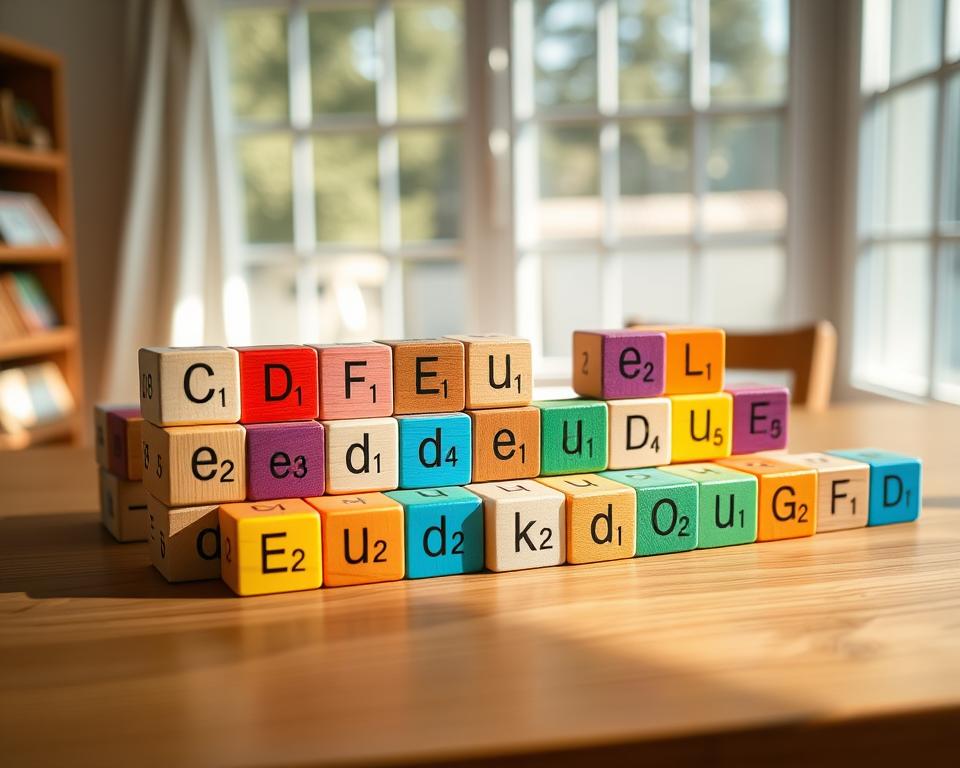 A vibrant scene of a wooden table displaying an array of colorful wooden blocks, each inscribed with simple coding instructions. Soft, natural lighting from a large window bathes the scene in a warm, inviting glow. A DSLR camera with a 50mm prime lens captures the arrangement in crisp detail, showcasing the tactile and intuitive nature of block-based programming for beginners. The blocks are positioned to form various simple algorithms, hinting at the logic and problem-solving skills that can be developed through this hands-on approach to coding fundamentals.