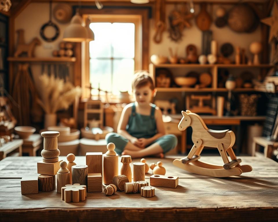 A warm, inviting wooden toy workshop, bathed in soft natural light filtering through large windows. In the foreground, a collection of beautifully crafted wooden toys - a set of building blocks, a puzzle, and a rocking horse - arranged on a worn wooden table. In the middle ground, a child sits cross-legged, engrossed in playing with the toys, their expression serene and focused. The background reveals shelves lined with an array of wooden trinkets and tools, hinting at the process of their creation. The overall scene evokes a sense of therapeutic calm and mindfulness, showcasing the soothing properties of wooden toys.