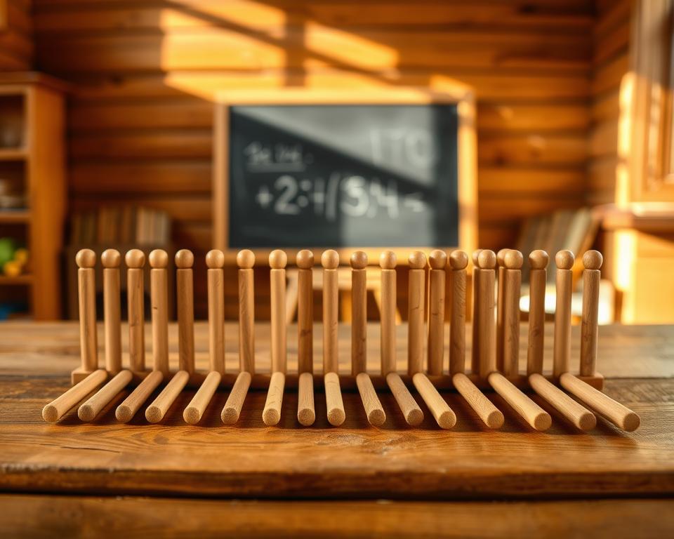 A warm, natural-lit room with a wooden table in the foreground. On the table, an array of precisely crafted counting rods of varying lengths, arranged in an orderly fashion. The rods, made of smooth, polished wood, cast soft shadows on the tabletop, creating a sense of depth and texture. In the middle ground, a classic blackboard or chalkboard stands, with faint chalk marks suggesting a lesson in progress. The background is slightly blurred, highlighting the central focus on the counting rods, the essential tools for early mathematical exploration. The overall scene conveys a sense of thoughtful, hands-on learning, inviting the viewer to engage with the simplicity and importance of these essential educational implements.