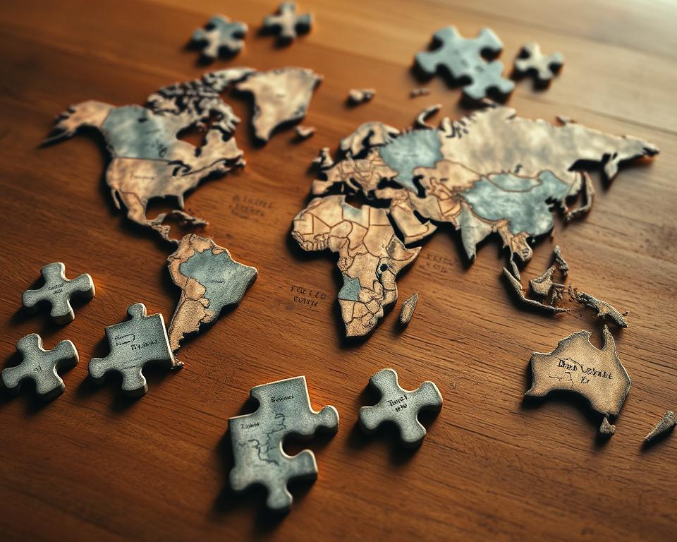 A weathered, vintage-style world map puzzle scattered across a warm-toned wooden table. The puzzle pieces interlock to form the continents, with intricate details and textures on each piece. Soft, directional lighting casts gentle shadows, creating a sense of depth and dimension. The image is captured from a slightly elevated angle, allowing the viewer to appreciate the tactile nature of the puzzle. The overall mood is one of exploration, discovery, and a childlike sense of wonder at the world.