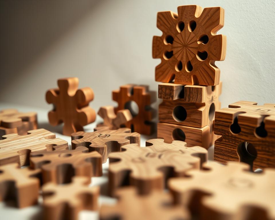 A well-crafted arrangement of intricately designed wooden puzzles, meticulously carved and polished, capturing the natural beauty and warm tones of the wood. The puzzles are positioned against a neutral background, allowing the intricate patterns and textures to take center stage. Soft, directional lighting creates subtle shadows and highlights, emphasizing the tactile quality of the wood. A Canon EOS R5 camera with a 50mm f/1.8 prime lens captures the scene, showcasing the puzzles in a crisp, detailed, and visually appealing manner. The overall mood is one of simplicity, elegance, and a celebration of the timeless appeal of wooden craftsmanship.