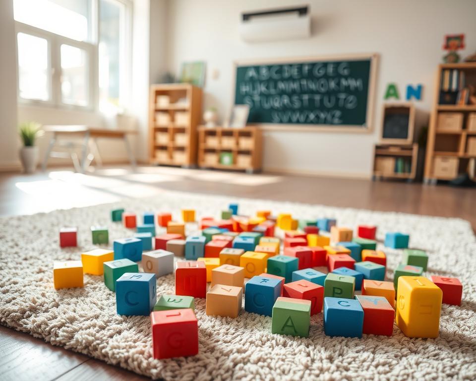 A well-lit classroom, with sunlight streaming through large windows. On the floor, a collection of colorful alphabet blocks in various shapes and sizes, scattered casually across a plush area rug. The blocks are arranged in a natural, organic pattern, capturing the playful energy of young learners. In the background, a chalkboard or whiteboard displays the alphabet, while a bookshelf and other educational materials hint at the academic setting. A wide-angle lens captures the scene, providing a sense of depth and context, while a shallow depth of field softens the background, allowing the blocks to take center stage. The overall mood is one of exploration, discovery, and the potential for learning.