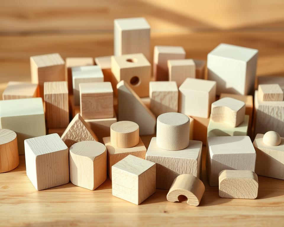 A well-lit, close-up shot of an assortment of age-appropriate wooden building blocks arranged on a smooth, wooden surface. The blocks come in a variety of pastel colors and textures, including smooth, carved, and natural-grain finishes. The composition features a mix of different shapes and sizes, from large cubes to small cylinders, triangles, and rectangles. A soft, natural lighting creates warm shadows and highlights the unique tactile qualities of each block. The image is captured with a shallow depth of field, gently blurring the background to focus attention on the carefully curated display of these classic, educational toys.