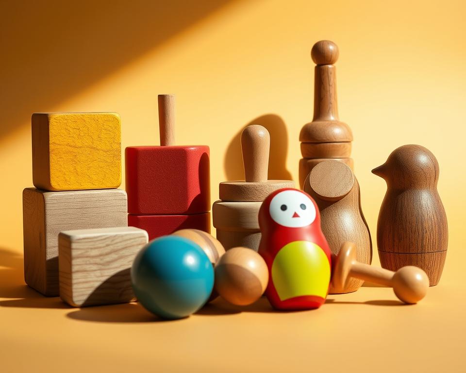 A well-lit, close-up shot of an assortment of handcrafted wooden toys arranged on a warm, neutral-toned background. The toys include a brightly colored wooden blocks, a spinning top, a set of nesting dolls, and a wooden rattle in the shape of a bird. The lighting casts soft shadows, highlighting the natural texture and grain of the wood. The composition draws the viewer's eye to the vibrant colors and organic shapes of the toys, creating a sense of visual interest and tactile appeal. A Canon EF 100mm f/2.8L Macro IS USM lens is used to capture the intricate details of the toys in sharp focus.