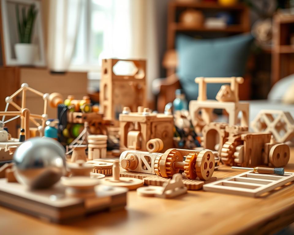 A well-lit, high-quality photograph of an assortment of wooden STEM kits arranged on a warm, natural wooden surface. The kits feature a variety of building blocks, gears, and other components in a range of warm, earthy tones. The kits are displayed in the foreground, with a soft, blurred background suggesting a cozy, inviting environment. The image is captured using a DSLR camera with a macro lens, creating a shallow depth of field that focuses the viewer's attention on the intricate details of the kits. The overall mood is one of creativity, discovery, and the joy of hands-on learning.
