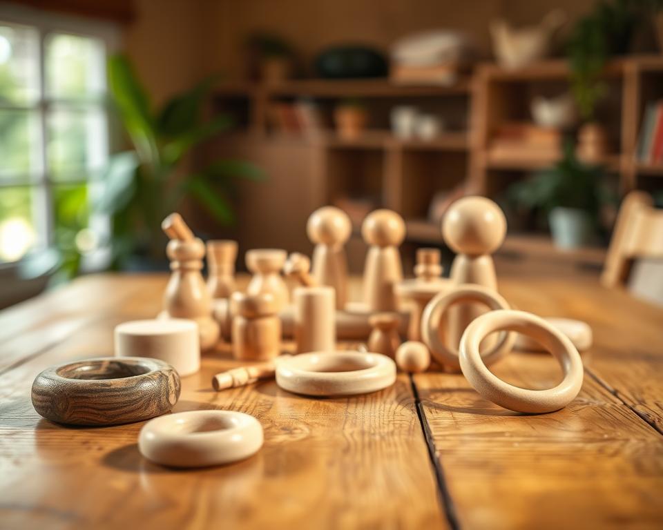 A well-lit, rustic wooden table with simple, hand-crafted exercise toys in the foreground. In the middle ground, a collection of smooth, natural wooden objects like blocks, rings, and pegs in various shapes and sizes. The background features a warm, soft-focused environment with hints of greenery, creating a calming, inviting atmosphere. The lighting is soft and diffused, with a slight vignette effect to draw the viewer's attention to the center of the frame. Captured with a 50mm prime lens, the image has a shallow depth of field, emphasizing the tactile, artisanal quality of the wooden play elements.