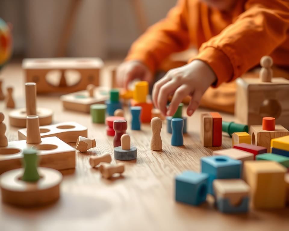A well-lit studio setting, capturing a close-up view of a child's hands engaged in various fine motor skill activities. Wooden shape sorters, colorful pegs, and interlocking building blocks are arranged on a natural wood surface, creating a tactile and engaging scene. The lighting is warm and diffused, highlighting the textures and details of the toys. A shallow depth of field blurs the background, keeping the focus on the child's hands as they manipulate the objects, developing coordination, problem-solving, and fine motor dexterity. The overall mood is one of concentration, learning, and the joy of discovery.