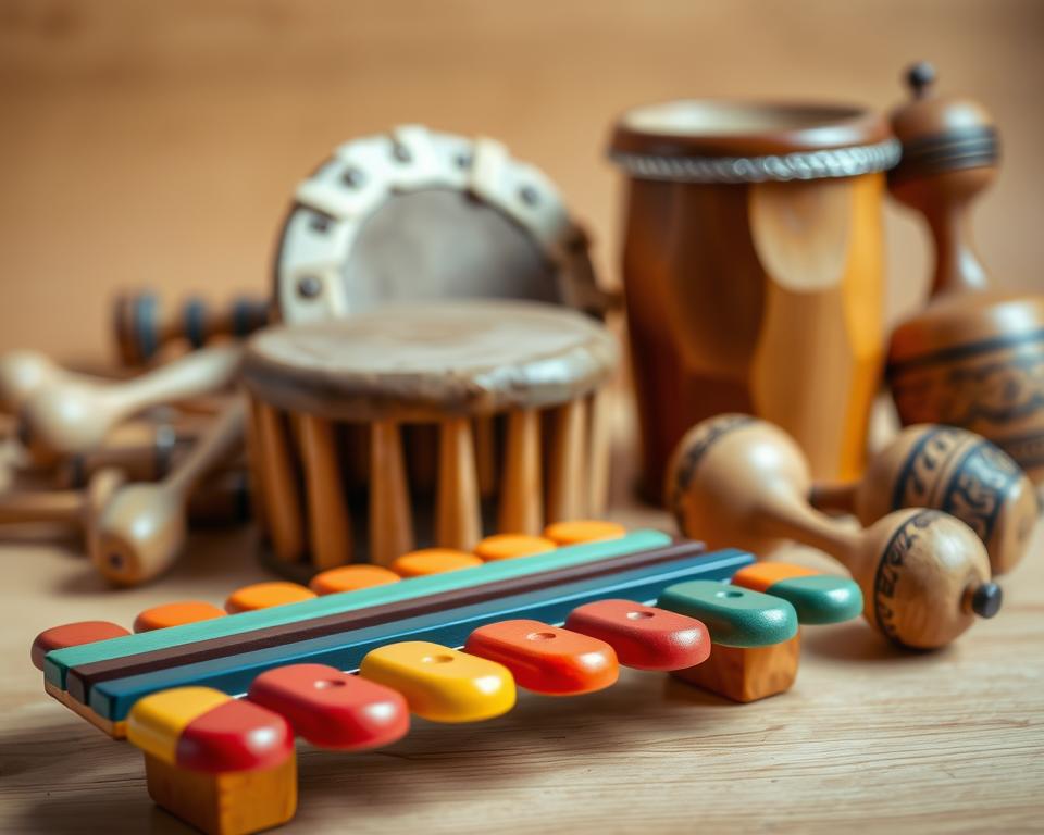 A well-lit, warm-toned photograph capturing a diverse collection of handcrafted wooden sound toys for children. In the foreground, a xylophone with smooth, rounded wooden bars, its vibrant colors accentuated by the soft, diffused lighting. In the middle ground, a set of wood-and-metal chimes, their delicate resonance inviting touch and exploration. Behind them, a selection of wooden percussion instruments, including a drum with a textured hide head and a set of maracas with intricate carved patterns. The overall scene exudes a sense of natural wonder and tactile engagement, perfectly suited to inspire imaginative play. A well-lit, warm-toned photograph capturing a diverse collection of handcrafted wooden sound toys for children. In the foreground, a xylophone with smooth, rounded wooden bars, its vibrant colors accentuated by the soft, diffused lighting. In the middle ground, a set of wood-and-metal chimes, their delicate resonance inviting touch and exploration. Behind them, a selection of wooden percussion instruments, including a drum with a textured hide head and a set of maracas with intricate carved patterns. The overall scene exudes a sense of natural wonder and tactile engagement, perfectly suited to inspire imaginative play.