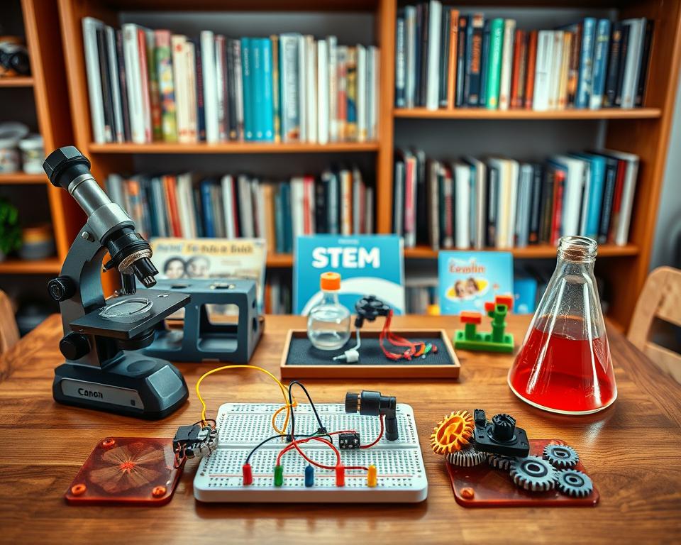 A well-lit, wooden table showcases an assortment of age-appropriate science kits for children. In the foreground, a tabletop microscope, a small telescope, and a baking soda and vinegar volcano kit invite hands-on exploration. The middle ground features a makeshift circuit board with colorful wires and LEDs, alongside a set of plastic gears and cogs. In the background, a bookshelf displays a range of STEM-focused books and magazines, creating an inviting, educational atmosphere. Captured with a Canon EOS R5 camera and a 24-70mm f/2.8 lens, the image conveys a sense of wonder and discovery, perfectly suited to illustrate the "Age-Appropriate STEM Kits for Every Child" section.