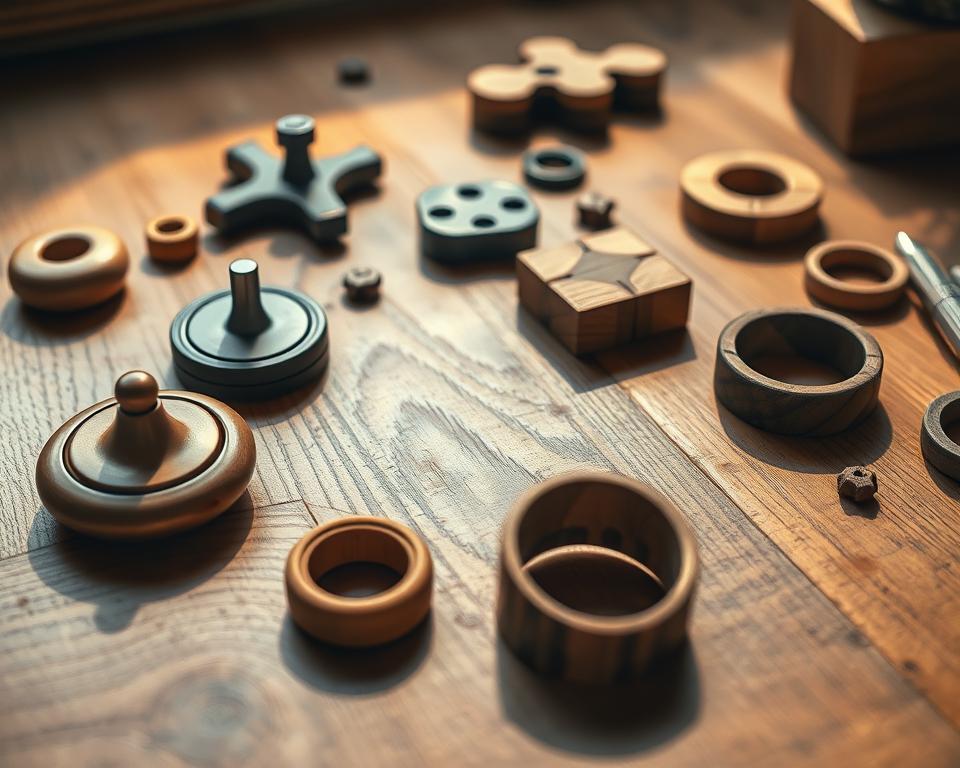 A wooden desktop scattered with an assortment of fidget tools, each crafted with care and attention to detail. A smooth, polished spinning top, a tactile block puzzle, and a patterned wooden ring sit amidst natural textures and subtle shadows. The scene is illuminated by warm, natural lighting, captured with a high-quality DSLR camera and a prime lens, creating a sense of depth and focus. The overall atmosphere is calming and inviting, encouraging mindful interaction with these everyday objects designed to help promote focus and well-being.