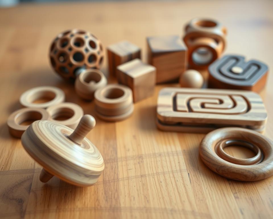 A wooden tabletop showcasing an array of handcrafted fidget tools, each with a unique design and texture. In the foreground, a smooth, polished wooden spinning top gently rotates, its gentle whirring sound providing a soothing rhythm. Behind it, a carved wooden sphere with intricate patterns invites tactile exploration, while a set of wooden rings in varying sizes offer a satisfying clicking and sliding motion. In the middle ground, a wooden puzzle cube and a carved wooden maze present intriguing challenges for the hands and mind. The background features a softly lit, natural-toned wooden surface, creating a warm and calming atmosphere that encourages mindful engagement with these artisanal fidget tools.