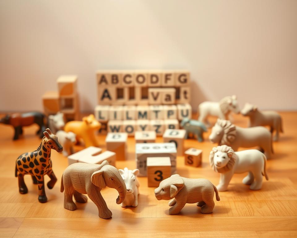An array of educational wooden toys arranged on a warm-toned wooden surface, illuminated by soft, natural lighting from above. In the foreground, various animal figurines, including a giraffe, elephant, and lion, carved with intricate details. In the middle ground, a set of wooden alphabet blocks and a shape-sorting cube, encouraging cognitive development and hand-eye coordination. The background features a simple, uncluttered setting, allowing the toys to be the focal point. The overall scene exudes a sense of tranquility and learning, perfect for showcasing the educational benefits of animal classification wooden sets.