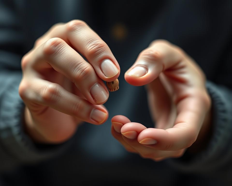 a detailed close-up photograph of human hands demonstrating hand-eye coordination, using a Canon EOS R5 camera with a 100mm f/2.8 macro lens, in natural daylight with soft even lighting, capturing the intricate movements and dexterity of the fingers and palms as they manipulate a small wooden object, with a shallow depth of field to emphasize the tactile interaction and create a contemplative, thoughtful atmosphere