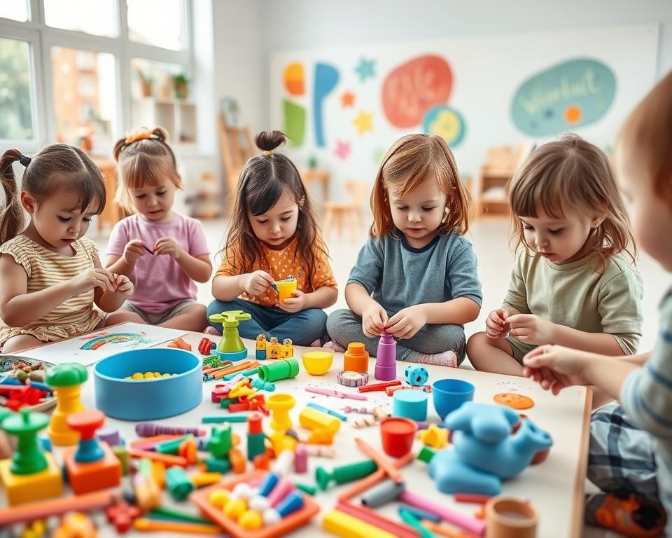 children expressing creativity with toys, using a variety of art supplies and craft materials in a bright, airy studio setting with large windows and soft natural lighting. Foreground shows young children, ages 3-7, engaged in various hands-on projects like painting, sculpting with clay, and assembling collages. Middle ground features a diverse array of colorful toys, drawing tools, and other creative materials organized on low tables and shelves. Background showcases an inspirational mural or wall display. Wide-angle lens captures the scene with a warm, inviting atmosphere that encourages self-expression and imaginative play.