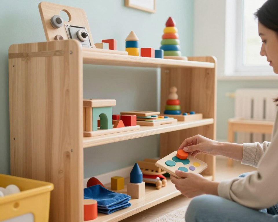 A beautifully arranged children's toy shelf inspired by Montessori principles, featuring a variety of natural materials like wood, cotton, and metal. In the foreground, a close-up view of a parent or caregiver, dressed in modest casual clothing, thoughtfully examining colorful wooden blocks and fabric toys. The middle section showcases the shelf itself, organized with neatly arranged toys that encourage exploration and play, such as puzzles and stacking games. The background consists of a soft, inviting playroom with pastel-colored walls and abundant natural light pouring in through a window, creating a warm and cheerful atmosphere. The image should be captured with a shallow depth of field using a 50mm lens to emphasize the shelf while softly blurring the background, evoking a sense of comfort and thoughtfulness in the design process.