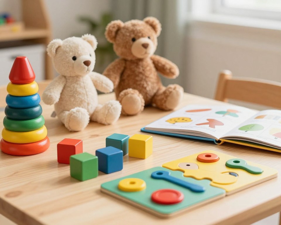 A beautifully arranged tabletop scene showcasing a variety of Montessori toys suitable for different ages, from vibrant wooden blocks and stacking toys for toddlers to intricate puzzles and sensory materials for preschoolers. The foreground features colorful, engaging toys displayed in a playful manner, highlighting their textures and shapes. In the middle, a soft, age-appropriate plush toy and an open Montessori book project a sense of learning and curiosity. The background is softly blurred to enhance focus on the toys, with warm, natural lighting filtering in to create an inviting atmosphere. A shallow depth of field captures the details of the toys, suggesting an atmosphere of joyful discovery and independent play. The overall mood is bright and cheerful, appealing to parents seeking the best educational toys for their children. A beautifully arranged tabletop scene showcasing a variety of Montessori toys suitable for different ages, from vibrant wooden blocks and stacking toys for toddlers to intricate puzzles and sensory materials for preschoolers. The foreground features colorful, engaging toys displayed in a playful manner, highlighting their textures and shapes. In the middle, a soft, age-appropriate plush toy and an open Montessori book project a sense of learning and curiosity. The background is softly blurred to enhance focus on the toys, with warm, natural lighting filtering in to create an inviting atmosphere. A shallow depth of field captures the details of the toys, suggesting an atmosphere of joyful discovery and independent play. The overall mood is bright and cheerful, appealing to parents seeking the best educational toys for their children.
