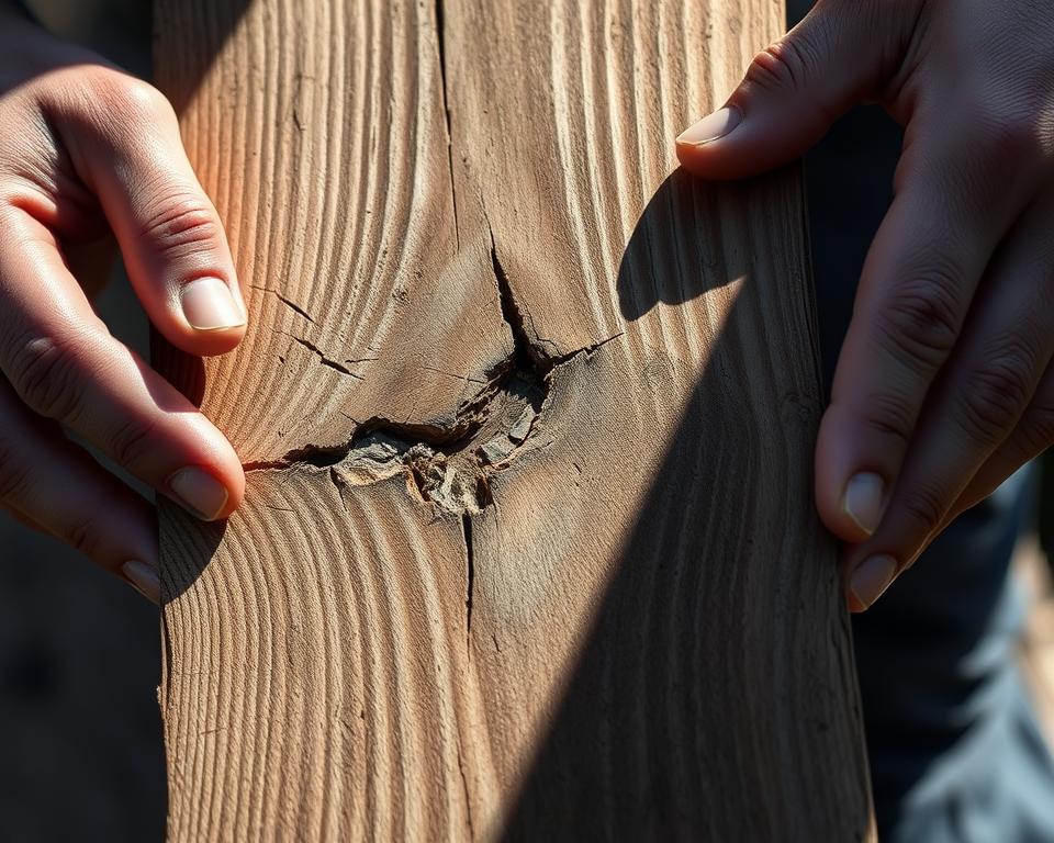 A close-up view of a person's hands carefully examining the surface of a damaged wooden board. The lighting is natural, casting soft shadows that accentuate the texture and grain of the wood. The image is captured with a high-resolution DSLR camera using a macro lens, allowing for detailed observation of the chipped, scratched, and weathered areas. The focus is sharp, drawing the viewer's attention to the intricate patterns and imperfections that need to be assessed before the repair process can begin. The overall mood is one of thoughtful examination, setting the stage for the subsequent steps in the "Assess the Damage" section of the article.