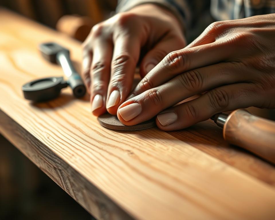A close-up view of a skilled craftsman's hands meticulously shaping and sanding a wooden edge repair. Warm, directional lighting illuminates the intricate textures of the wood grain and the fine details of the restoration tools. The scene is captured with a high-resolution DSLR camera using a macro lens, creating a shallow depth of field that focuses the viewer's attention on the delicate process. The overall mood is one of precision, care, and the satisfaction of restoring the natural beauty of the material.