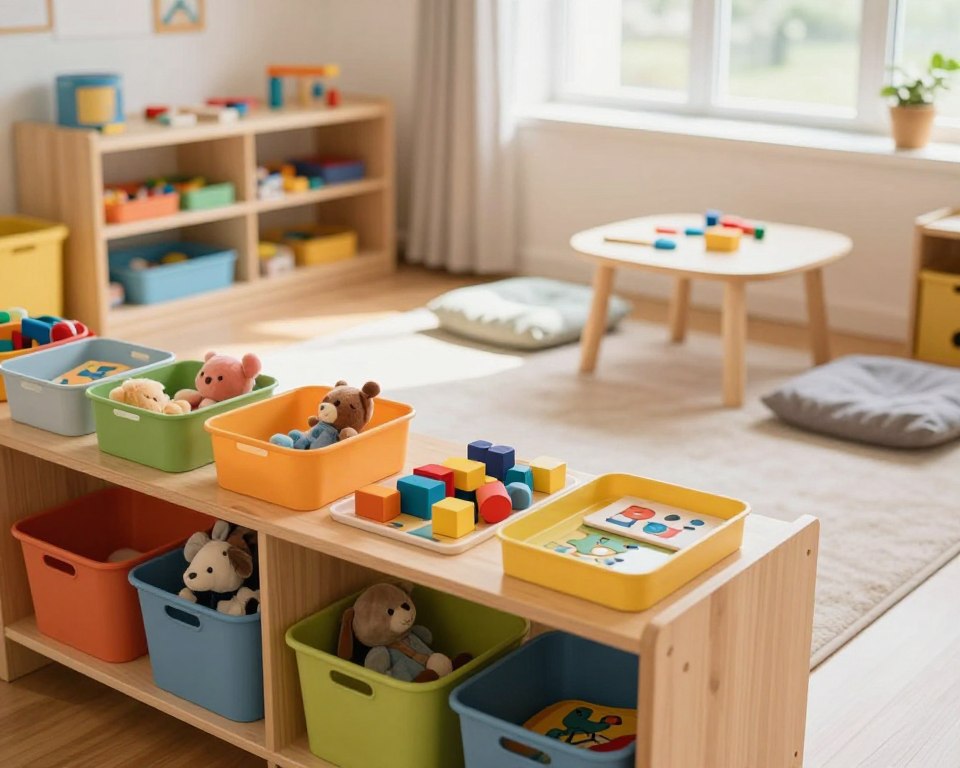 A cozy Montessori-inspired play area featuring innovative storage solutions for toys. In the foreground, a beautifully organized wooden shelving unit displays an assortment of colorful, open-box toy bins filled with plush toys, puzzles, and building blocks. In the middle ground, a soft area rug defines the play space, with a few well-placed small tables and comfortable cushions for kids’ seating. In the background, a light-flooded window allows natural sunlight to illuminate the room, creating a warm, inviting atmosphere. The image should have a shallow depth of field with soft focus on the background, shot at an angle of approximately 45 degrees, using a 50mm lens. The overall mood is cheerful and playful, emphasizing a clutter-free and organized environment.