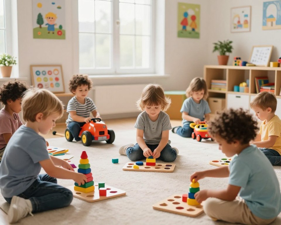 A cozy indoor playroom setting, brightly lit by soft, natural light streaming through a large window. In the foreground, a diverse group of children, aged 3 to 5, are enthusiastically engaged with colorful Montessori toys designed for enhancing fine motor skills, such as stacking blocks and fitting shapes into matching holes. Their joyful expressions and focused eyes illustrate hand-eye coordination in action. In the middle ground, various educational toys like pull-along vehicles and craft supplies are scattered, inviting exploration. The background features cheerful wall art and shelves filled with neatly organized learning materials. The image is captured with a 35mm lens from a slightly elevated angle, creating an inviting and playful atmosphere, promoting independent play and skill development. A cozy indoor playroom setting, brightly lit by soft, natural light streaming through a large window. In the foreground, a diverse group of children, aged 3 to 5, are enthusiastically engaged with colorful Montessori toys designed for enhancing fine motor skills, such as stacking blocks and fitting shapes into matching holes. Their joyful expressions and focused eyes illustrate hand-eye coordination in action. In the middle ground, various educational toys like pull-along vehicles and craft supplies are scattered, inviting exploration. The background features cheerful wall art and shelves filled with neatly organized learning materials. The image is captured with a 35mm lens from a slightly elevated angle, creating an inviting and playful atmosphere, promoting independent play and skill development.