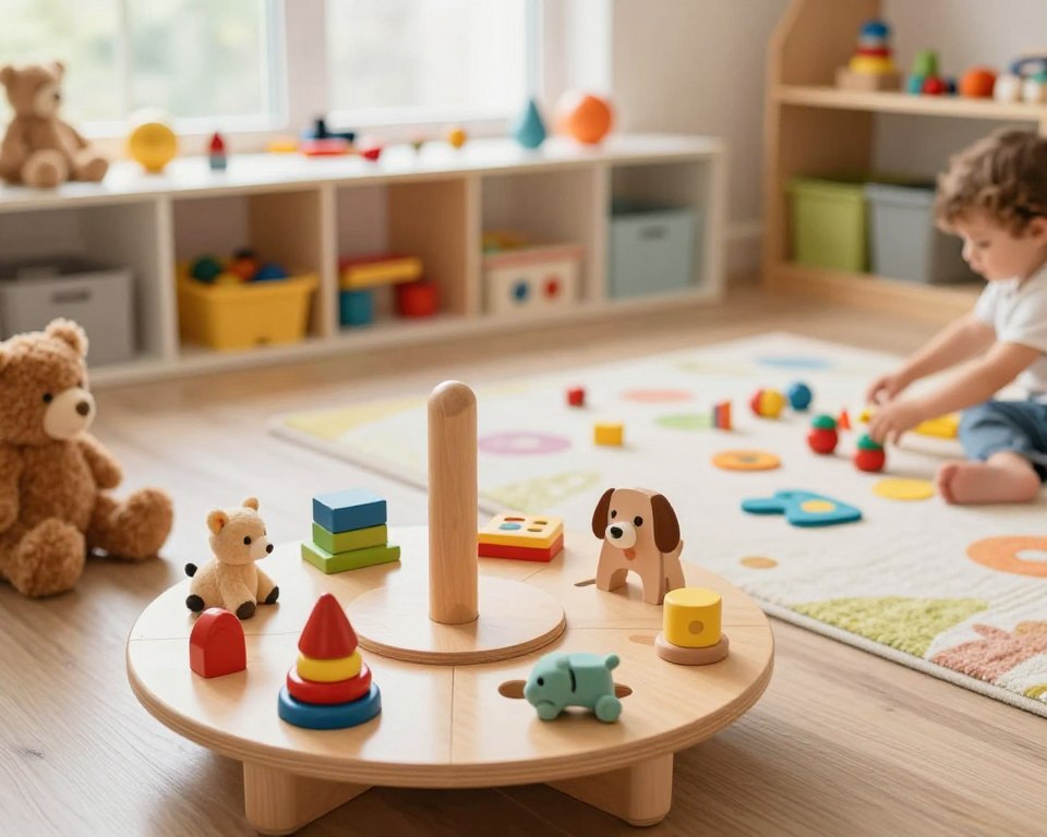 A cozy, well-lit playroom filled with a variety of colorful Montessori toys arranged on low shelves. In the foreground, a wooden toy rotation display shows an assortment of small toys like stacking blocks, puzzles, and plush animals in a semi-circle, with some toys gently spinning or rotating on a toy turntable. The middle section reveals a bright rug with children’s hands reaching out to touch the toys, showcasing engagement and curiosity. The background features soft natural lighting from a large window, enhancing a warm and inviting atmosphere. The camera angle is slightly above eye level to capture the scene's depth, resembling a lifestyle photograph that encourages play and exploration, with a dream-like quality that inspires parents to embrace the Montessori method.