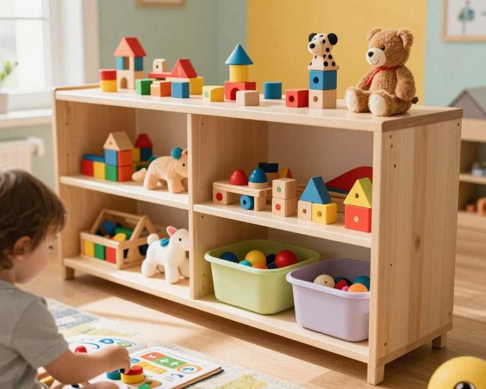 A cozy, well-organized Montessori toy shelf filled with an array of colorful toys, including wooden blocks, plush animals, and educational games. In the foreground, a child carefully picks up a toy, showcasing engagement and curiosity. The middle section displays the neatly arranged shelves, highlighting a rotation system with some toys in use while others are stored in containers, emphasizing the idea of organization. Soft, natural lighting streams in from a nearby window, casting gentle shadows and creating a warm, inviting atmosphere. The background features a softly blurred playroom with vibrant wall colors and soft rugs, enhancing the playful yet orderly environment. The photograph is taken from a slightly elevated angle using a 35mm lens to capture detail and depth, conveying a sense of harmony and continuous engagement in play.
