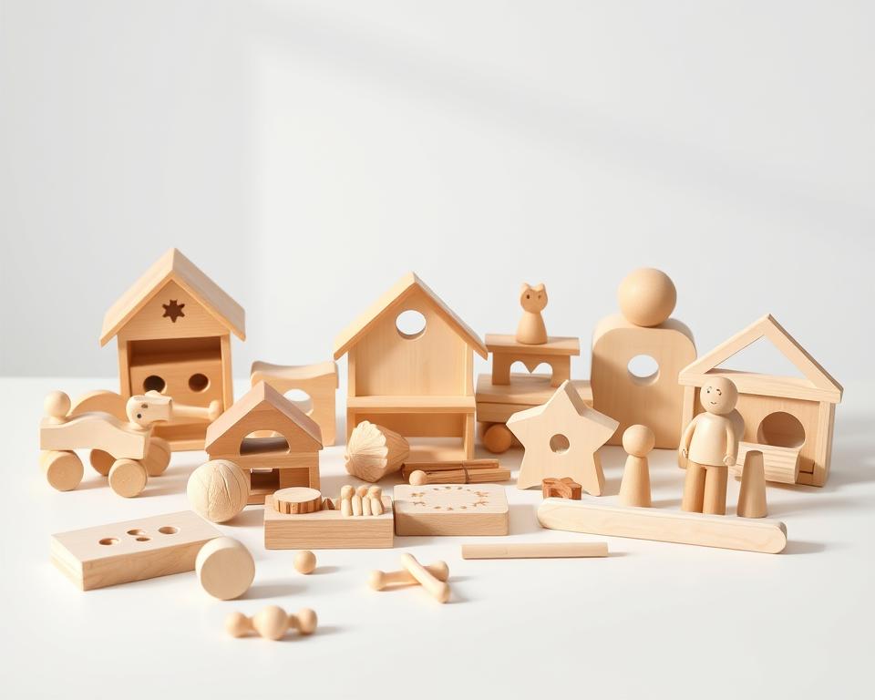A high-quality, professional studio photograph of an assortment of Montessori-approved wooden toy brands, including Melissa & Doug, Hape, and Grimm's, arranged on a clean white tabletop. The toys are captured in soft, natural lighting with a shallow depth of field, creating a visually appealing and informative comparison. The composition emphasizes the craftsmanship, materials, and design elements of each brand, allowing the viewer to assess the quality and value proposition. The image conveys a sense of simplicity, educational focus, and the Montessori educational philosophy.