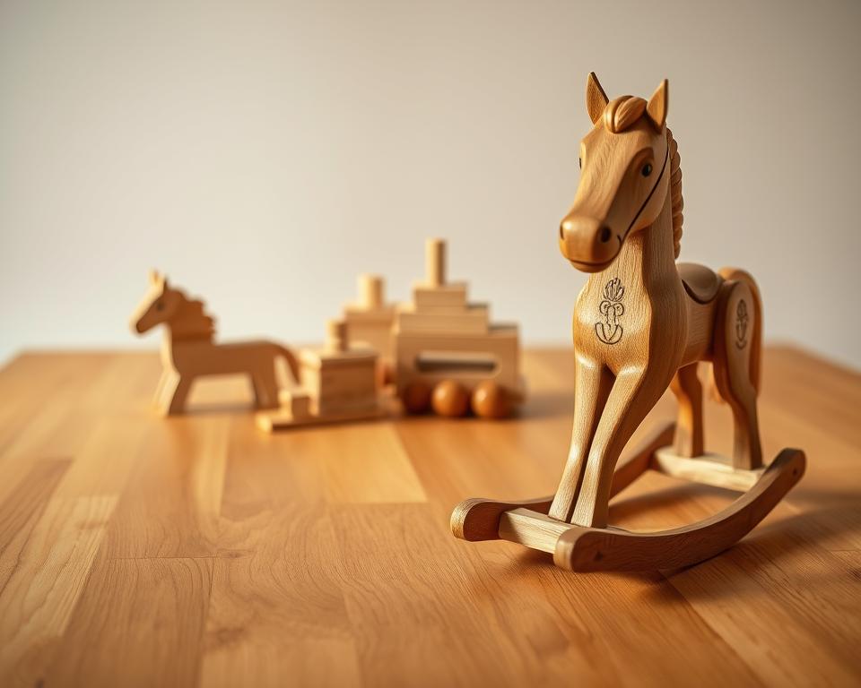 A high-quality wooden doll set rests on a hardwood table, its smooth, natural grain reflecting the warm, ambient lighting. In the foreground, a classic rocking horse stands proudly, its sturdy construction and intricate carved details showcasing exceptional craftsmanship. In the middle ground, a set of wooden building blocks and a delicate wooden train captivate with their timeless, heirloom-quality designs. The background features a simple, uncluttered setting, allowing the toys to take center stage and emphasize their durability and long-lasting appeal. Captured with a professional DSLR camera and a 50mm lens, the image exudes a sense of timeless elegance and quality that perfectly suits the "Durability and Lifespan: Investment vs. Short-Term Use" section of the article.