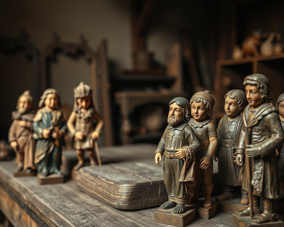 A meticulously detailed scene of 17th century wooden figures, captured with a Hasselblad 500C medium format camera and a Zeiss Planar 80mm f/2.8 lens. In the foreground, a group of elaborately carved and painted figurines in Renaissance and Baroque styles, their intricate details and lively expressions brought to life. In the middle ground, a wooden table or display stand, weathered and worn, adding a sense of aged authenticity. The background features a muted, sepia-toned setting, perhaps a shadowy corner of an old workshop or gallery, evoking the golden age of artistic toy-making. Soft, warm lighting casts gentle shadows, highlighting the textures and craftsmanship of these historic wooden playthings.