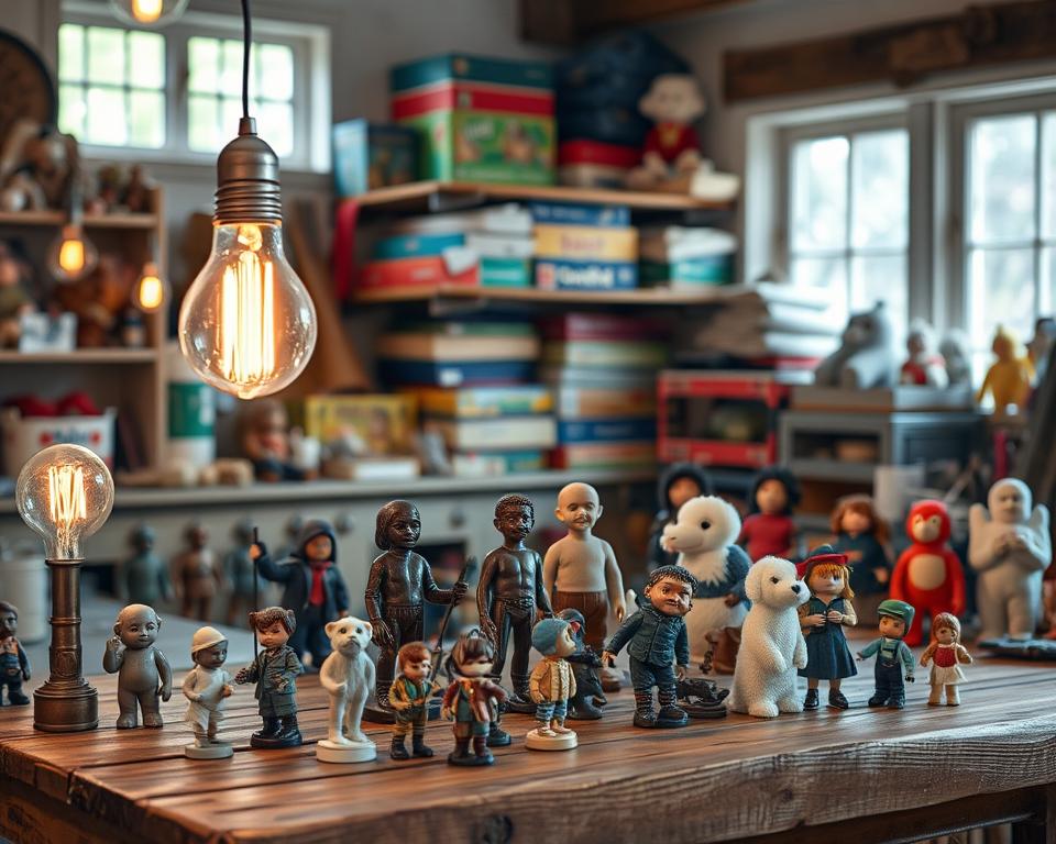 A meticulously organized workshop showcases various moisture-resistant toys, each carefully maintained. In the foreground, a weathered wooden workbench displays an array of scrubbed and polished figurines, their surfaces gleaming under the warm glow of vintage Edison bulbs. In the middle ground, shelves hold neatly stacked board games and plush toys, their fabrics conditioned with a protective sealant. The background reveals a cozy, sun-dappled space, with windows allowing natural light to illuminate the scene. A sense of reverence and attention to detail permeates the image, reflecting the long-term care and preservation of these cherished toys.