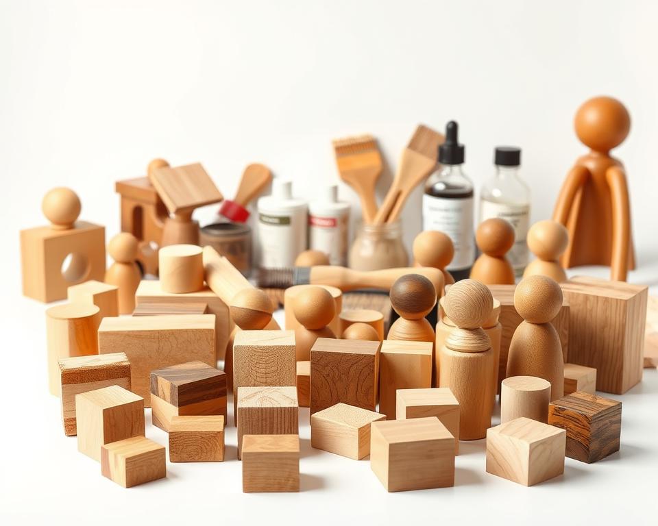 A well-lit, high-quality studio photograph showcasing various wood finishes and treatments suitable for toys. The foreground features a selection of toy blocks, dolls, and other wooden playthings with different finishes, including natural wood, stained, painted, and lacquered surfaces. The middle ground displays an assortment of finishing supplies such as brushes, sandpaper, and finishing oils. The background is a clean, white studio setup with soft, even lighting, highlighting the textures and colors of the wood. The overall composition emphasizes the craftsmanship and attention to detail required for protecting wooden toys from moisture and ensuring their longevity.