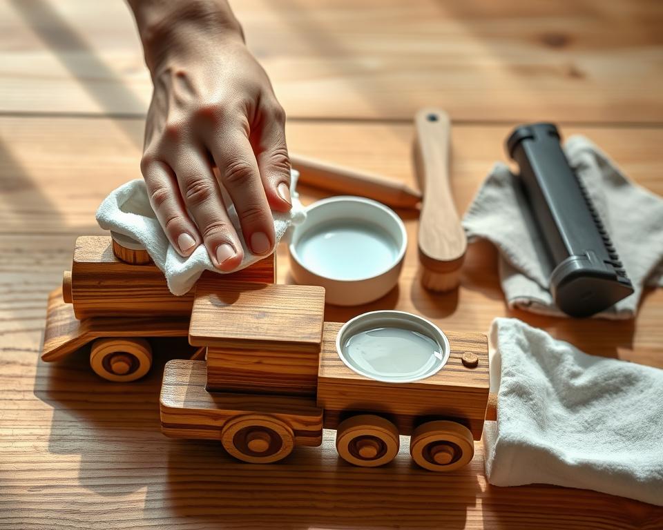 A well-lit, high-resolution image of a wooden toy train being carefully cleaned step-by-step. In the foreground, a pair of hands gently wiping the train's surface with a soft, damp cloth, revealing the intricate wood grain. In the middle ground, various cleaning supplies such as a small bowl of mild soapy water, a soft-bristle brush, and a dry cloth are neatly arranged. The background shows a clean, uncluttered wooden surface, creating a sense of calm and focus. The lighting is natural and diffused, casting subtle shadows that accentuate the textures. Captured with a high-quality DSLR camera and macro lens to provide a detailed, immersive view of the cleaning process.