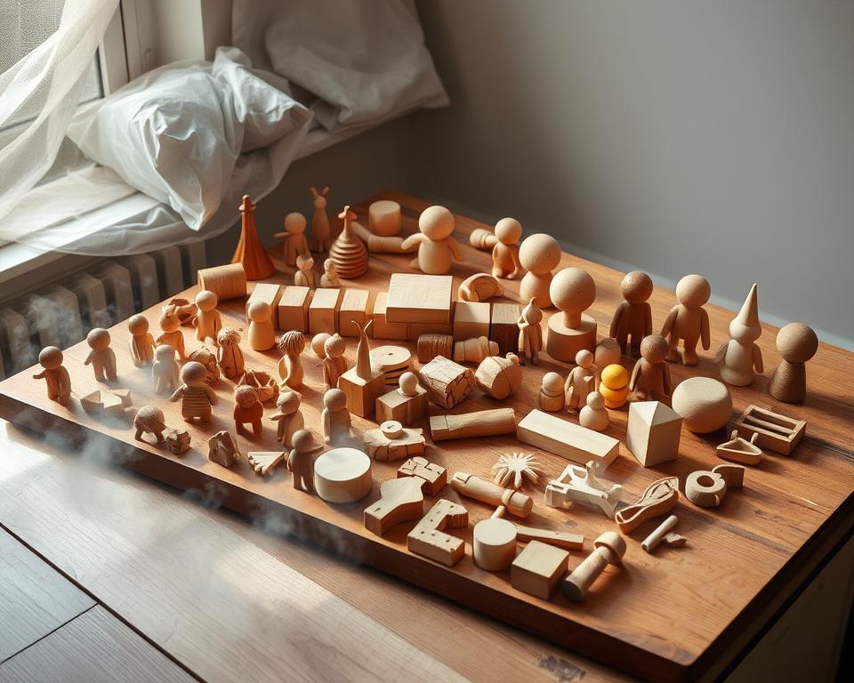 A well-lit studio setting featuring an arrangement of various wooden toys, including small figurines, blocks, and other hand-crafted objects, arranged on a wooden surface. The toys are in the process of drying, with a slight haze or mist surrounding them, creating a sense of atmosphere and depth. The lighting is soft and diffused, casting gentle shadows and highlights that accentuate the natural textures and grain of the wood. The camera angle is slightly elevated, providing a birds-eye view of the scene, capturing the arrangement in a visually appealing and organized manner. The overall mood is one of calm, contemplation, and attention to detail, reflecting the care and craftsmanship involved in the proper storage and preservation of these wooden toys.