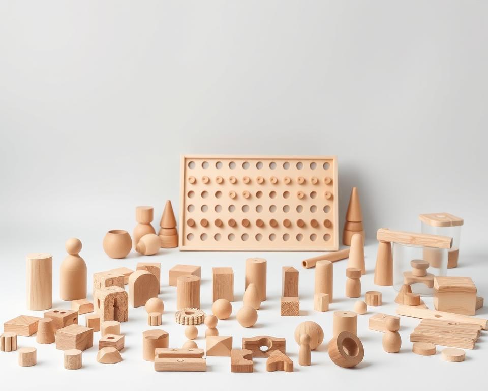 A well-lit studio setting showcasing an assortment of open-ended Montessori toys. In the foreground, a variety of wooden shapes, pegs, and puzzles in neutral tones are arranged artfully on a white background. In the middle ground, a set of stacking cups, nesting dolls, and a peg board with geometric pieces create a tactile, interactive display. The background features a simple, grey seamless backdrop, allowing the toys to take center stage. Captured with a professional Canon DSLR camera and a 50mm prime lens, the image conveys the thoughtful, minimalist aesthetic of high-quality Montessori educational toys.
