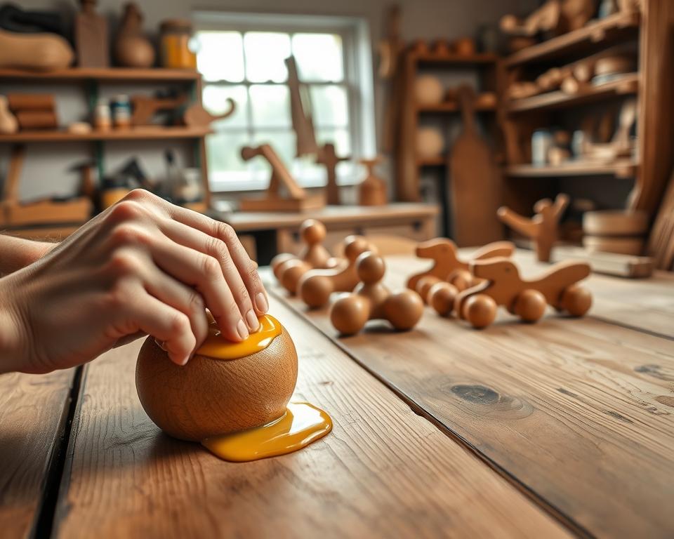 A wooden table in a warm, well-lit workshop, with a close-up view of hands carefully applying a layer of golden beeswax to the surface of a hand-carved, smooth wooden toy in the foreground. In the middle ground, various other wooden toys in various stages of completion await their own finishing touches. The background features shelves stocked with woodworking tools, jars of beeswax, and other materials, conveying a sense of craftsmanship and care. Soft, diffused lighting from a nearby window casts a gentle glow, highlighting the natural texture and grain of the wood. The overall scene evokes a sense of traditional, mindful maintenance practices for preserving the longevity of beloved wooden playthings.