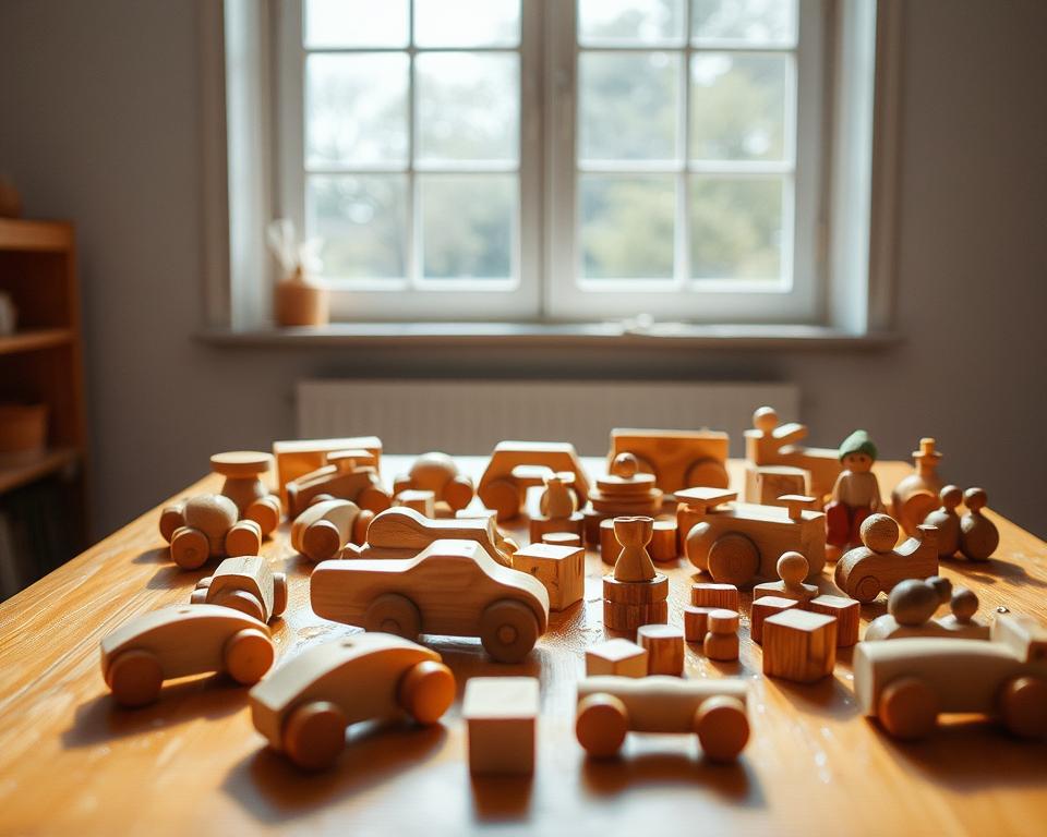 Drying wooden toys: a well-lit studio setting, with a large window casting natural light onto a wooden table. On the table, an assortment of handcrafted wooden toys - cars, blocks, and figurines - arranged neatly, gently drying after a thorough cleaning. The toys are in various stages of drying, some with droplets still clinging to their surfaces, others nearly dry. The background is a soft, neutral tone, allowing the warm tones of the wood to take center stage. The image is captured with a medium format camera and a 80mm prime lens, creating a shallow depth of field that focuses the viewer's attention on the delicate details of the toys.