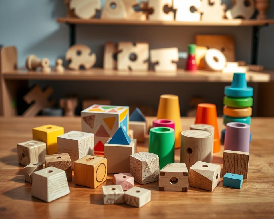 Wooden educational toys for curious children, arranged on a warm, wooden surface. In the foreground, a set of colorful, tactile building blocks, each with unique geometric shapes and textures, inviting little hands to explore. In the middle ground, a shape-sorting cube and a set of stacking cups in primary colors, encouraging dexterity and spatial awareness. In the background, a shelf displaying a variety of wooden puzzles, from simple single-piece designs to more complex, multi-part challenges. The scene is illuminated by soft, natural lighting, casting gentle shadows and highlighting the natural grain of the toys. The overall mood is one of exploration, learning, and the joyful discovery that comes from play.
